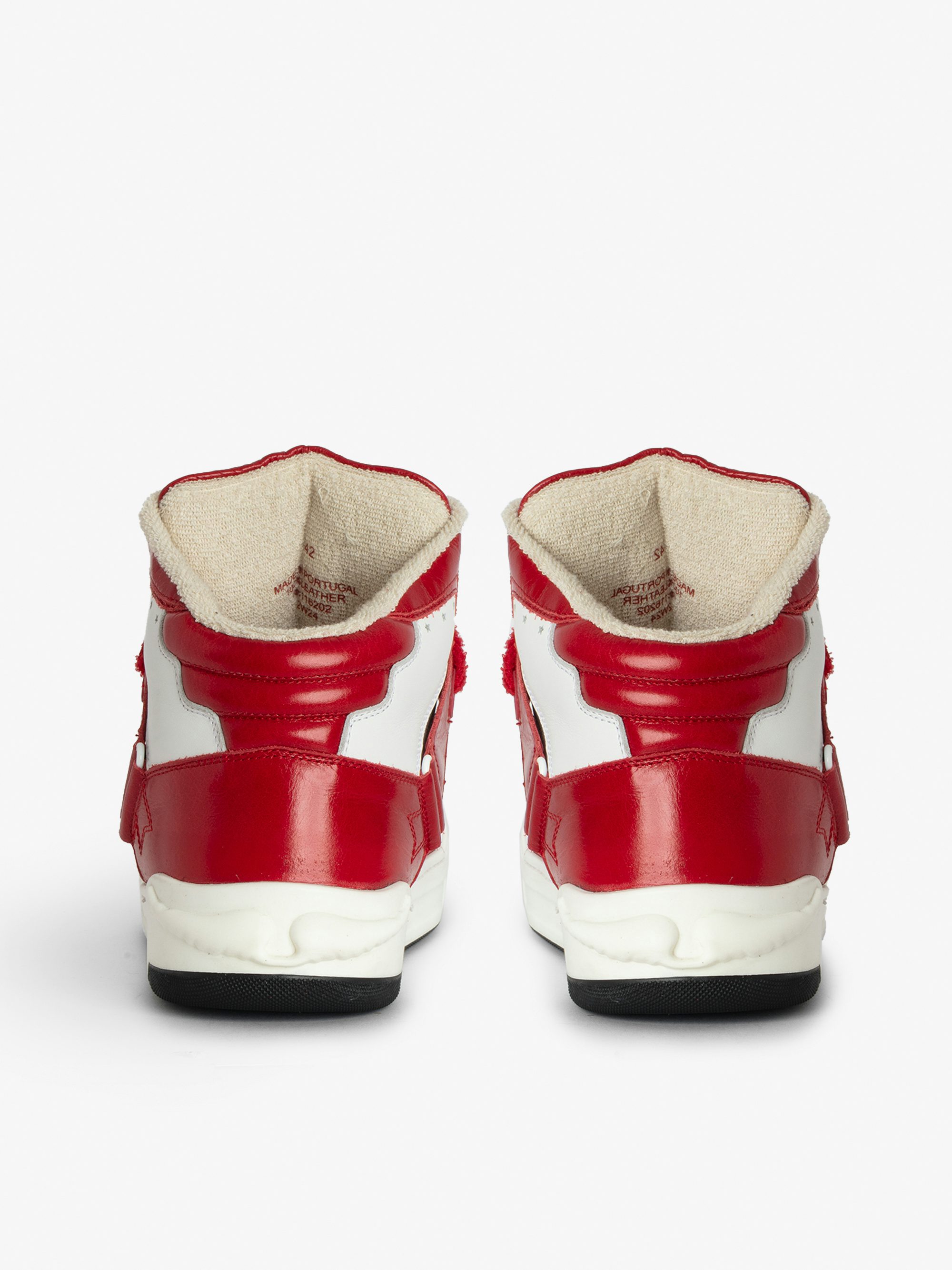 Men's High Wings Trainers - High-top trainers in smooth white leather, with red vintage leather inserts and wing signatures.  These trainers are made with materials that have a reduced environmental impact.